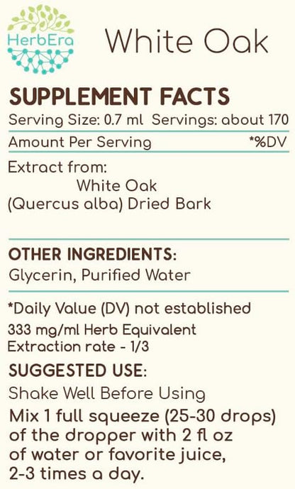 White Oak B120 Alcohol-Free Herbal Extract Tincture, Concentrated Liquid Drops Natural White Oak (Quercus alba) Dried Bark (4 fl oz)