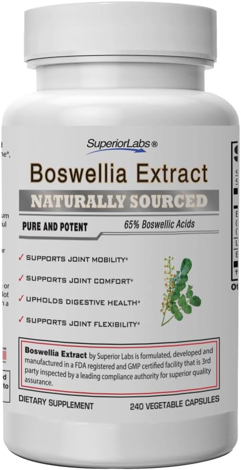 Superior Labs Boswellia Extract - Pure Non GMO Boswellic 65% Acids. Superior Absorption Zero Synthetic Additives - Powerful Formula Joint, Knees, HIPS, Immune, 500mg SVG, 240 Veg Capsules