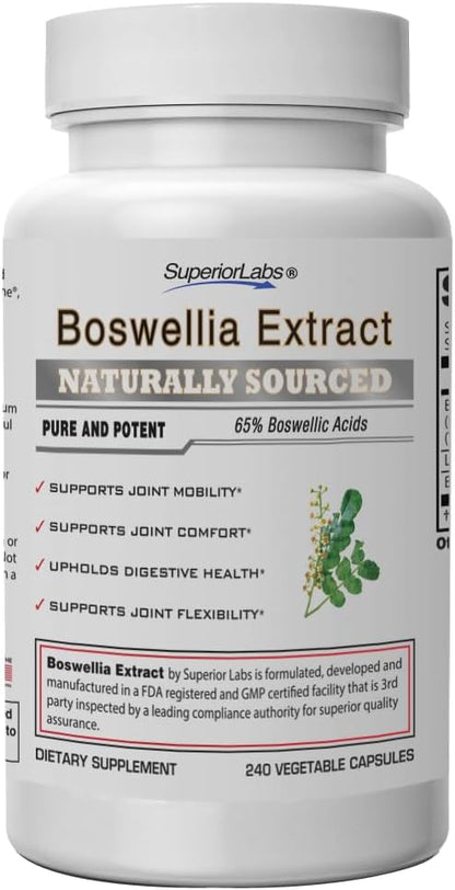 Superior Labs Boswellia Extract - Pure Non GMO Boswellic 65% Acids. Superior Absorption Zero Synthetic Additives - Powerful Formula Joint, Knees, HIPS, Immune, 500mg SVG, 240 Veg Capsules