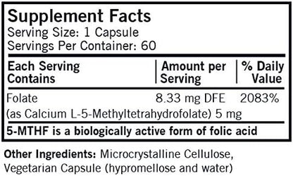 Kirkman 5-MTHF ([6S]-5-Methyltetrahydrofolate) 5 mg - Hypoallergenic | 60 Vegetarian Capsules
