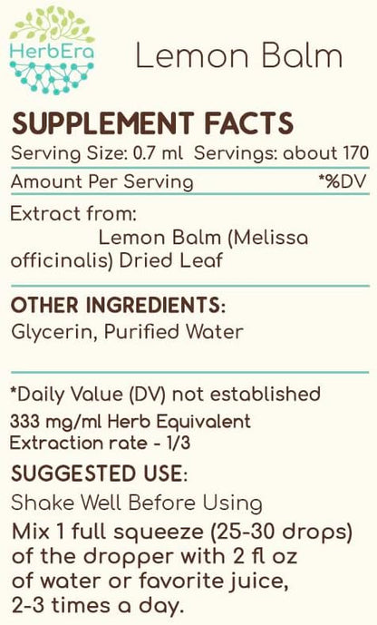 Lemon Balm B120 Alcohol-Free Herbal Extract Tincture, Concentrated Liquid Drops Natural Lemon Balm (Melissa officinalis) 4 fl oz
