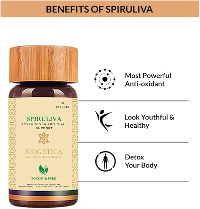 Ayurvedic Spiruliva Pills with Astaxanthin - Non-GMO, Rich in Vegan Protein, Vitamins & Prebiotics - 100% Vegan Ayurveda Supplement - 80 Tablets