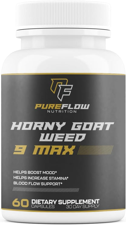 PureFlow 9 in 1 Horny Goat Weed MAX | Fully Dosed Men's Performance Supplement | Pills for Men Fast Acting Blood Flow | 9 Ultra Ingredients for Fast Results/Science Backed - 60 Capsules