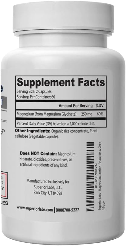 Superior Labs - Magnesium Glycinate - 1250 mg, 120 Vegetable Capsules - Essential Mineral - Maintains Energy - Healthy Bones and Muscle Function- Relaxation & Sleep