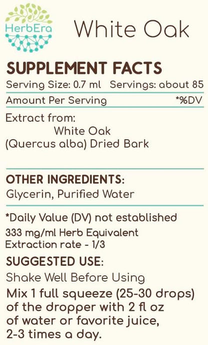 White Oak B60 Alcohol-Free Herbal Extract Tincture, Concentrated Liquid Drops Natural White Oak (Quercus alba) Dried Bark (2 fl oz)