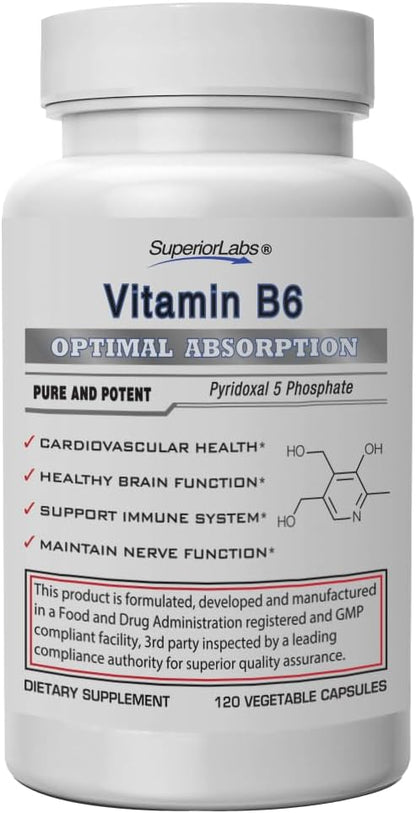 Superior Labs — Best Vitamin B6 Dietary Supplement — 50 mg Dosage,120 Vegetable Capsules —Supports Immune System Health — Healthy Brain Function — Cardiovascular Health Support