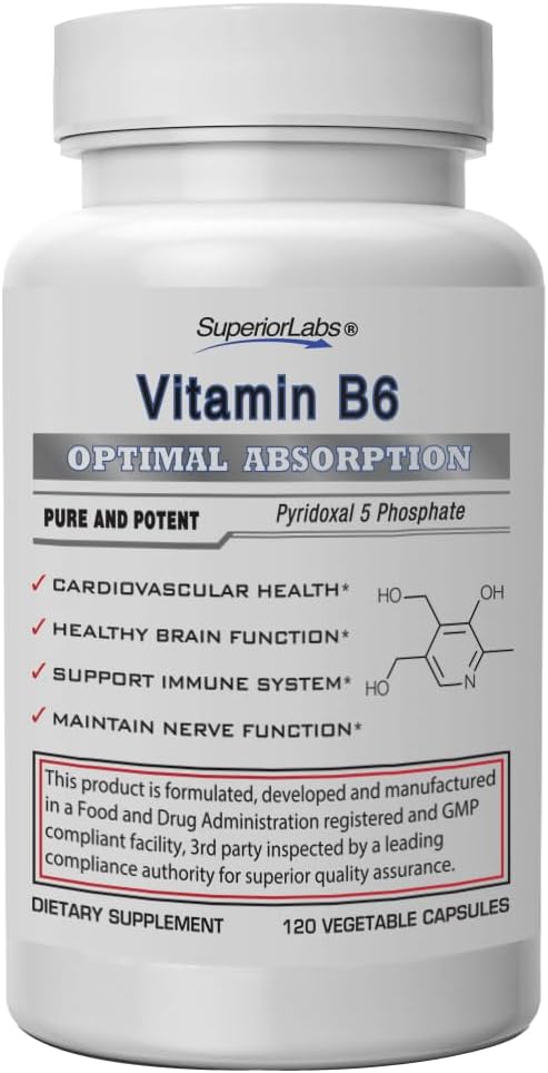 Superior Labs — Best Vitamin B6 Dietary Supplement — 50 mg Dosage,120 Vegetable Capsules —Supports Immune System Health — Healthy Brain Function — Cardiovascular Health Support