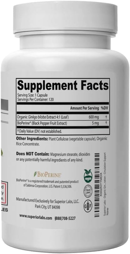 SuperiorLabs - Ginkgo Biloba - 1200mg, 120 Vegetable Capsules - Added Black Pepper for Optimal Absorption - Supports Brain and Heart Health - Memory & Concentration - Circulation Support