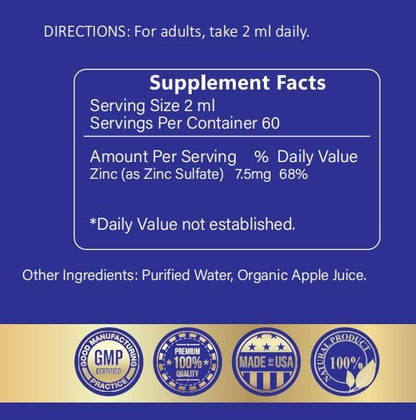 Organic Liquid Zinc, 60 Servings – Alcohol Free Zinc Sulfate – Supports Immune Health & Metabolism – Antioxidant – Gluten-Free, Non-GMO, Vegan & Paleo Friendly (120 ml), 4 FL OZ