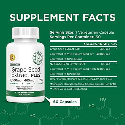 Grape Seed Extract 500 mg with 93% Polyphenols - 120:1 60,000mg Strength, 60 Capsules - 2 Months Supply - GMO & Gluten Free - Polyphenols Extracts