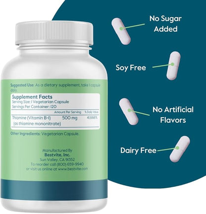 BESTVITE Vitamin B-1 (Thiamin) 500mg (120 Vegetarian Capsules) - No Stearates - Vegan - No Calcium Carbonate - Non GMO - Gluten Free - No Silicon Dioxide