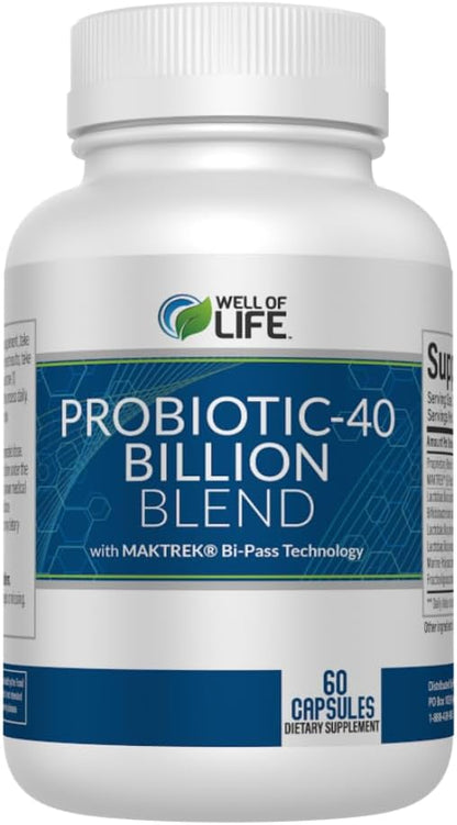 Well of Life Probiotic-40 Billion: Helps Gut Health & Digestive Support. 4 Strain Blend, 40 Billion CFU. Enhances Nutrient Absorption, Metabolism. 60 Capsules. Non-GMO, Made in USA.
