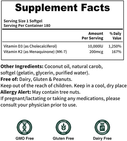 d3 k2 Vitamin 10000 iu, 180 Coconut Oil Softgels | 2 in 1 Vitamins Supplement D3 10000 IU & K2 (MK7) 200 mcg, Easy to Swallow, Supports Calcium Absorption, Bone Immune, & Heart Health