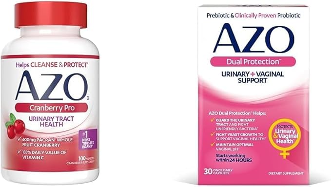 AZO Cranberry Pro Urinary Tract Health Supplement 600mg PACRAN, 1 Serving = More Than 1 Glass of Cranberry Juice 100 CT + Dual Protection, Urinary + Vaginal Support* 30 Count