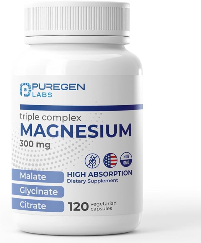 Puregen Labs Triple Magnesium Complex 300mg of Magnesium Glycinate, Malate, & Citrate [High Absorption] 120 Veg Capsules | No Harmful Additives | Non-GMO, NO Gluten and Dairy | Made in USA
