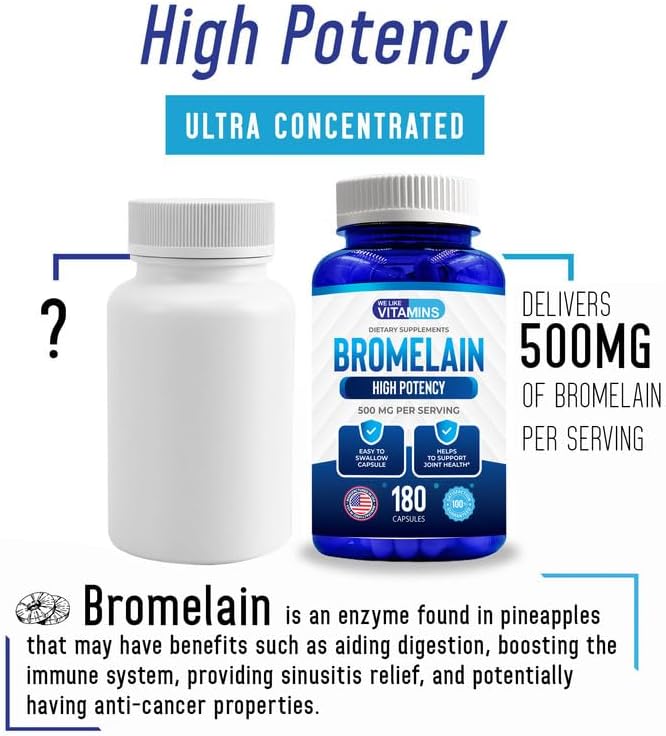 We Like Vitamins Bromelain 500mg Capsules - 1200 GDU/Serving - Bromelain Supplement from Pineapple Extract - Proteolytic Enzymes for Digestion, Absorption, Joint Pain, Muscle Soreness - 180 Capsules