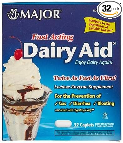 Major Fast Acting Dairy Aid Lactase Enzyme Supplement for Prevention of Gas Diarrhea Bloating - 32 Caplets