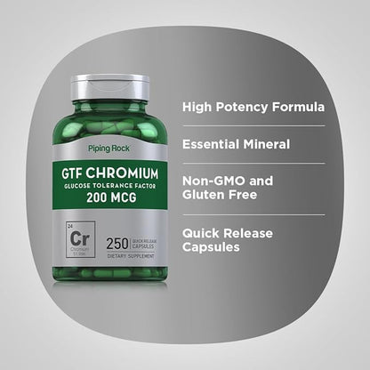 Piping Rock GTF Chromium 200 mcg | 250 Capsules | Glucose Tolerance Factor Supplement | Non-GMO & Gluten Free