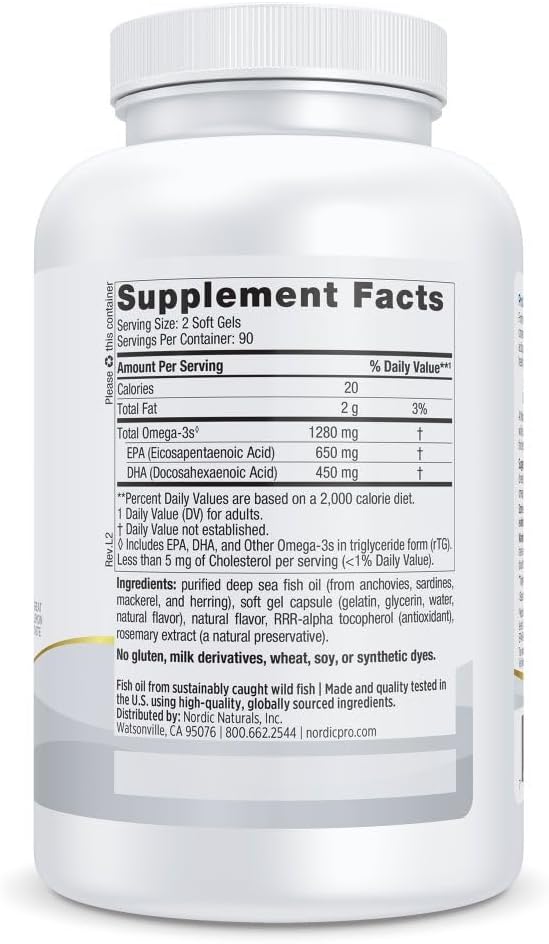 Nordic Naturals ProOmega, Lemon Flavor - 180 Soft Gels - 1280 mg Omega-3 - High-Potency Fish Oil with EPA & DHA - Promotes Brain, Eye, Heart, & Immune Health - Non-GMO - 90 Servings