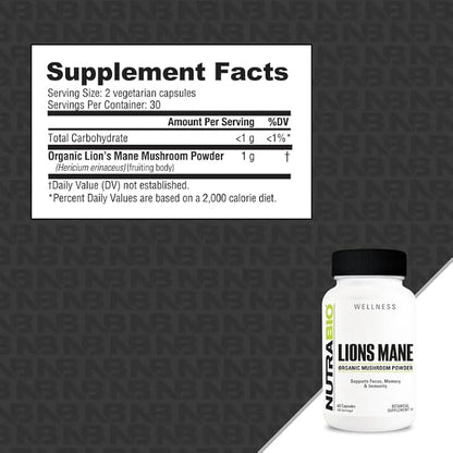NutraBio Lions Mane Supplement Capsules- Organic Lion's Mane Mushroom Powder- Mushroom Supplement Capsules (500mg)- 60 Vegetable Capsules