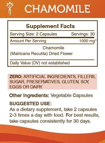 Secrets of the Tribe Chamomile 60 Capsules, 1000 mg, Chamomile (Matricaria Recutita) Dried Flower (60 Capsules)