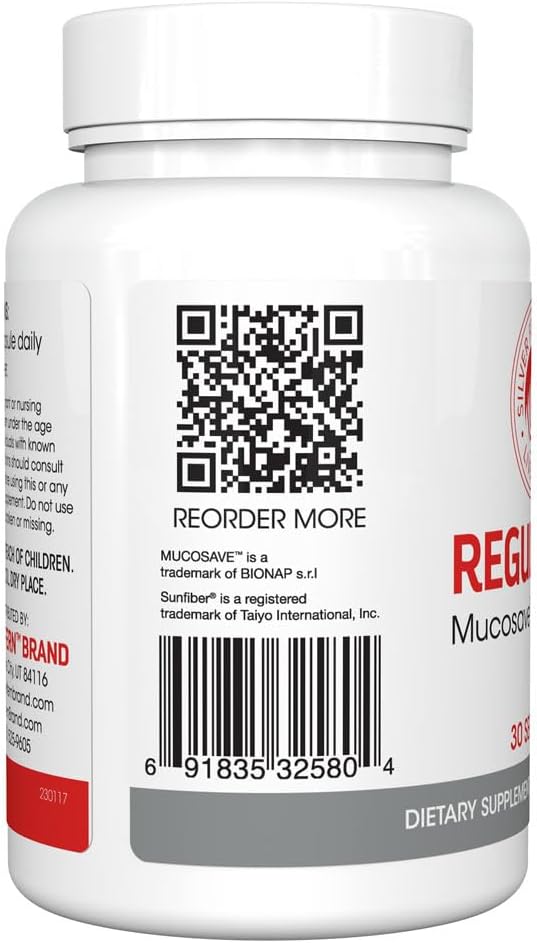 Silver Fern Regularity Digestive Supplement Capsules Brand - 1 Bottle = 30 Capsules = 30 Day Supply - Mucosave FG (Prickly Pear Polysaccharides & Olive Leaf Polyphenols) & SunFiber