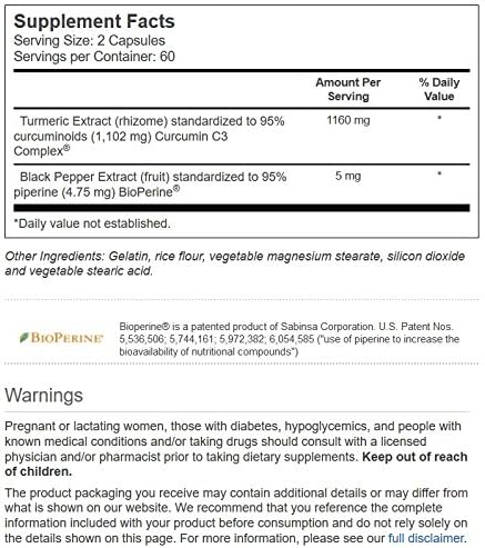 Vitacost Turmeric Extract Curcumin C3 Complex with Bioperine - 1,160 mg per Serving - 120 Capsules