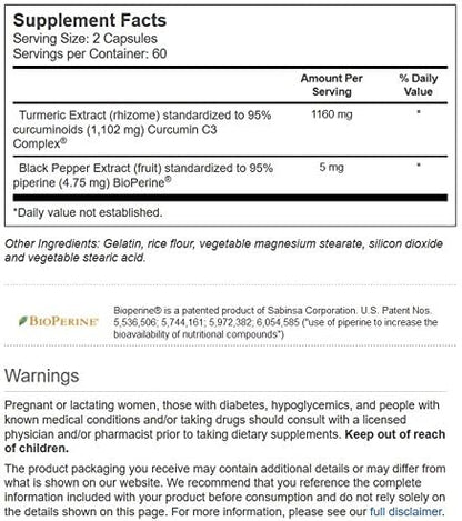 Vitacost Turmeric Extract Curcumin C3 Complex with Bioperine - 1,160 mg per Serving - 120 Capsules