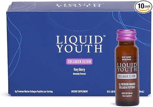 Liquid Collagen Elixir Shot for Women & Men - Premium Liquid Marine Collagen for Hair Growth, Skin, Nail, Bone & Joint Health - Travel-Friendly (Very Berry, 10 Servings Per Box)