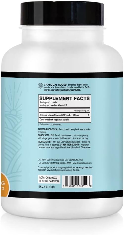 Activated Charcoal Capsules for Adults | Natural, Vegan, Non-GMO & Gluten Free | USP Charcoal Pills for Stomach Cleanse, Healthy Digestion, Gas & Nausea | USP Medical Grade | 125 ct.