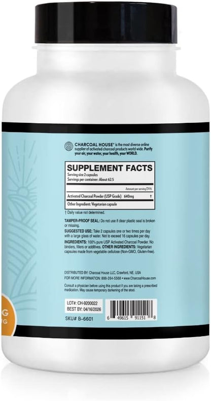 Activated Charcoal Capsules for Adults | Natural, Vegan, Non-GMO & Gluten Free | USP Charcoal Pills for Stomach Cleanse, Healthy Digestion, Gas & Nausea | USP Medical Grade | 125 ct.