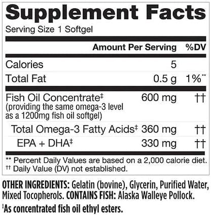 Finest Nutrition Half-the-Size Fish Oil 1200 mg, Softgels, 200 ea