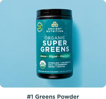 Ancient Nutrition Super Greens Powder, Organic Superfood Powder with Probiotics Made with Spirulina, Chlorella, Matcha, and Digestive Enzymes, 25 Servings, 7.5oz
