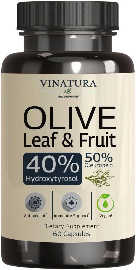 Olive Leaf Extract Hydroxytyrosol Supplement - 40% Hydroxytyrosol Olive Fruit Extract, 50% Oleuropein Olive Leaf Extract Capsules - 60 Capsules