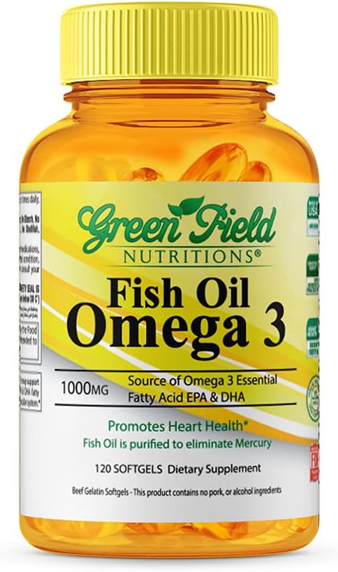 Greenfield Nutritions Halal Fish Oil 1000mg, 300mg Halal Omega 3, Small Wild Peruvian Fish Oil Halal Vitamins, EPA 180mg & DHA 120mg, Non-GMO, Gluten Free, Support Brain & Heart Health, 120 Pills