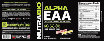 NutraBio Alpha EAA - All-Day Amino Acids for Muscle Growth - Essential Amino Acids - Full Spectrum EAA BCAA Powder- Amino Acid Supplement - 30 Servings - Strawberry Lemon