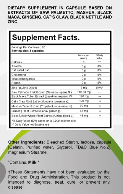 ProstaEros- Prostate Support Supplement - 7 Natural Ingredients - Black Maca, Saw Palmetto, Mashua, Cat's Claw, Gingseg, Black Nettle and Zinc Capsules 90 Count (Pack of 1)