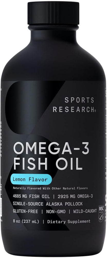 Sports Research® Omega-3 Fish Oil 4685mg - Sourced from Wild Caught Alaska Pollock - Natural Lemon Flavor, MSC Certified Sustainable - 8oz (48 Servings)