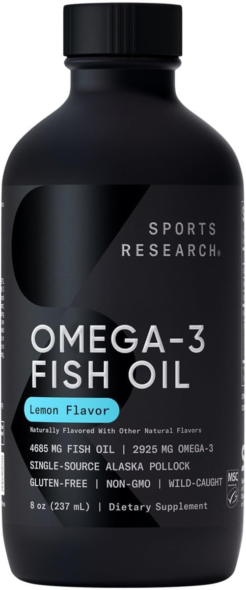 Sports Research® Omega-3 Fish Oil 4685mg - Sourced from Wild Caught Alaska Pollock - Natural Lemon Flavor, MSC Certified Sustainable - 8oz (48 Servings)