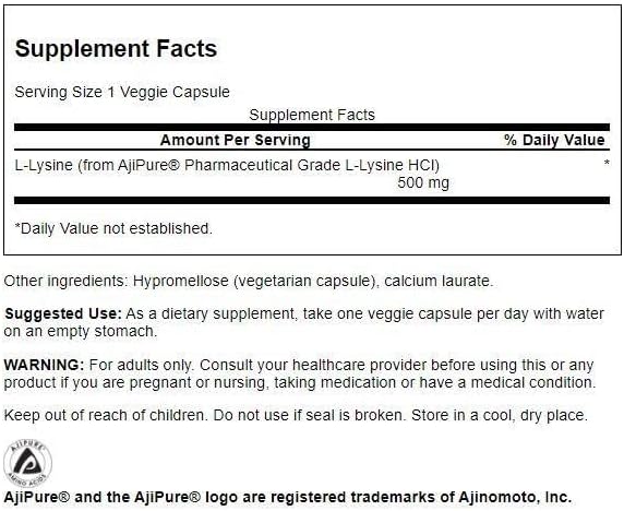 Swanson Amino Acid Ajipure L-Lysine Pharmaceutical Grade 500 Milligrams 90 Veg Capsules