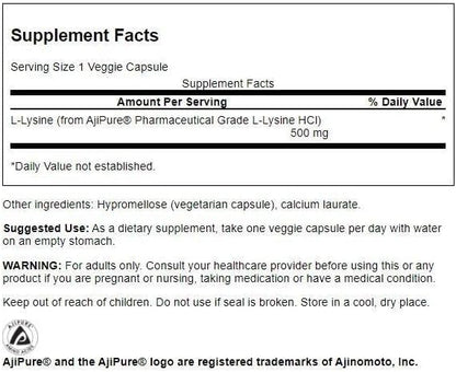 Swanson Amino Acid Ajipure L-Lysine Pharmaceutical Grade 500 Milligrams 90 Veg Capsules