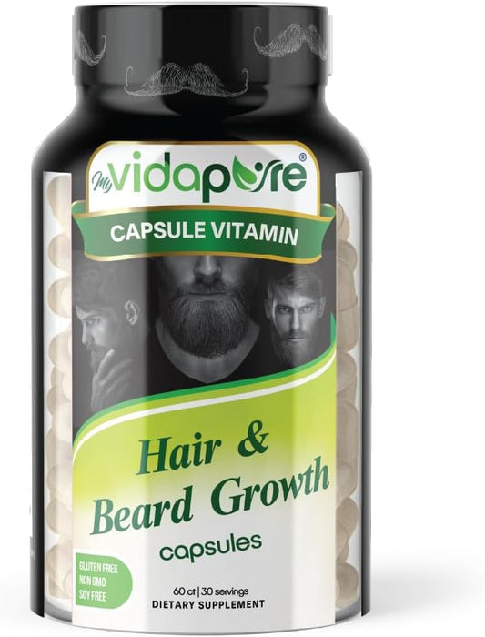 MYVIDAPURE Beard Growth + Men’s Skin & Nails – 5,000mcg Biotin – Vitamin C, D & B-Complex –Hydrolyzed Collagen Veggie Capsules – Non-GMO – Gluten-Free