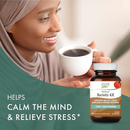 PURE ESSENCE LABS MyPure Reishi 4X Organic Mushrooms Supplement - 100% Real Mushroom Extract for Immune Support, Stress Relief, Build Energy (30 Capsules)