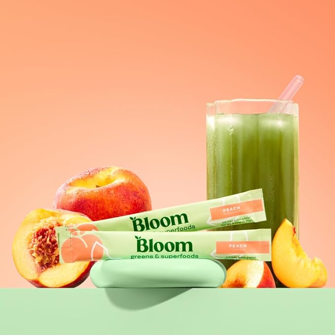Bloom Nutrition Greens and Superfoods Powder Packets for Digestive Health, Greens Powder, Digestive Enzymes, Probiotics, Spirulina, Chlorella for Bloating & Gut Support, 15 Stick, Peach