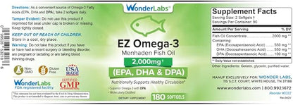 EZ Omega-3 Atlantic Menhaden Fish Oil Supplement 2000 mg, Burpless, Made in The USA, Perfect Balance of EPA+ DHA + DPA 180 Softgels