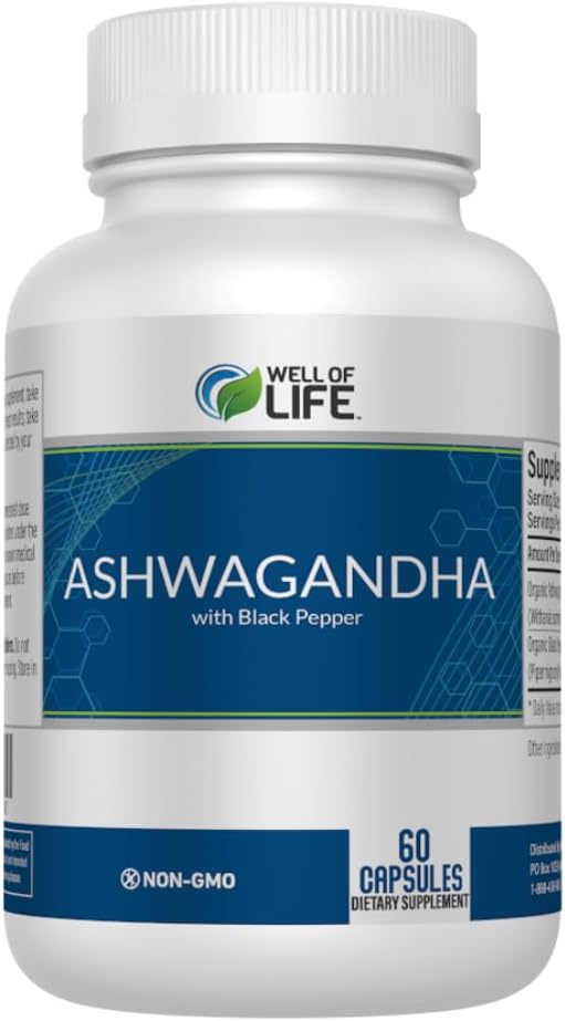 Well of Life: Organic Ashwagandha 650mg + Black Extract 60 Veg Capsules: Enhanced Sleep & Well-Being. Adrenal Health Support. Non-GMO, GMP Certified. Made in USA.