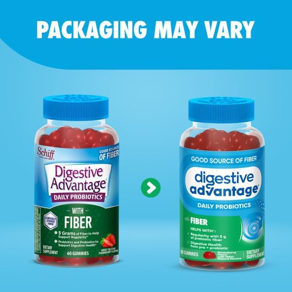 Digestive Advantage Prebiotic Fiber Supplement Strawberry Flavor Gummies with Probiotics for Women & Men Digestive Health, Adults Regularity and Gut Health, 60 Count (2 Pack)