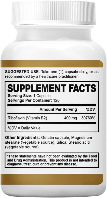 Riboflavin Vitamin B2 Supplement - B-2 Vitamin - Boosts Energy Metabolism & Cellular Function - Daily Nutritional Supplements for Men & Women - 400 mg Capsules - 120 Counts