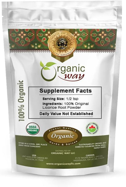 Organic Way Licorice Root Powder (Glycyrrhiza Glabra) - Herbal Tea | Kosher & USDA Certified | Vegan, Non-GMO & Gluten Free | Tested for Heavy Metal and Purity | 100% Raw from India (1LBS / 16Oz)