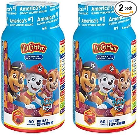 L’il Critters Paw Patrol Gummy Vites Daily Gummy Multivitamin for Kids, Vitamin C, D3 for Immune Support Cherry, Orange and Blueberry Flavors, 60 Gummies (Pack of 2)